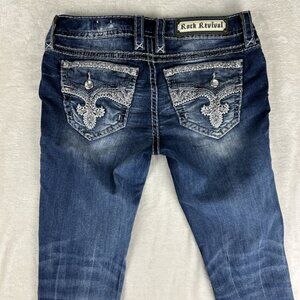 Rock Revival Women Jeans 29 Blue Denim Yui Skinny Dark Wash Bling Embroidered